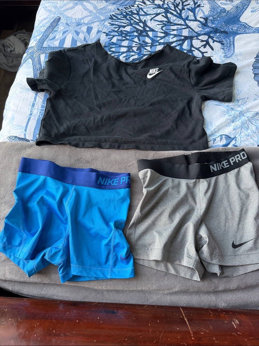 Nike Kids Black Crop Tee with Blue and Gray Pro Shorts